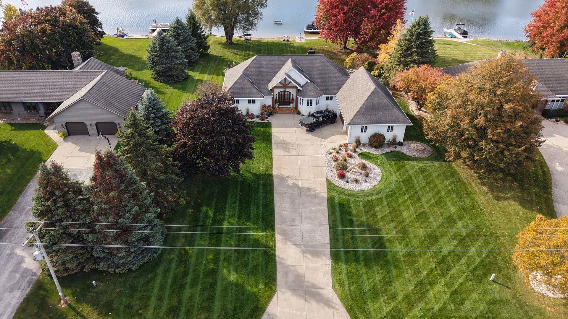 Aerial view of lawn maintenance by Superior Lawn Care and Landscaping