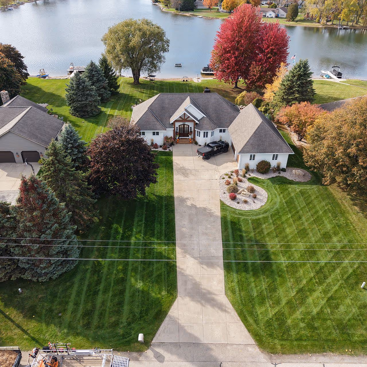 Aerial view of lawn maintenance by Superior Lawn Care and Landscaping