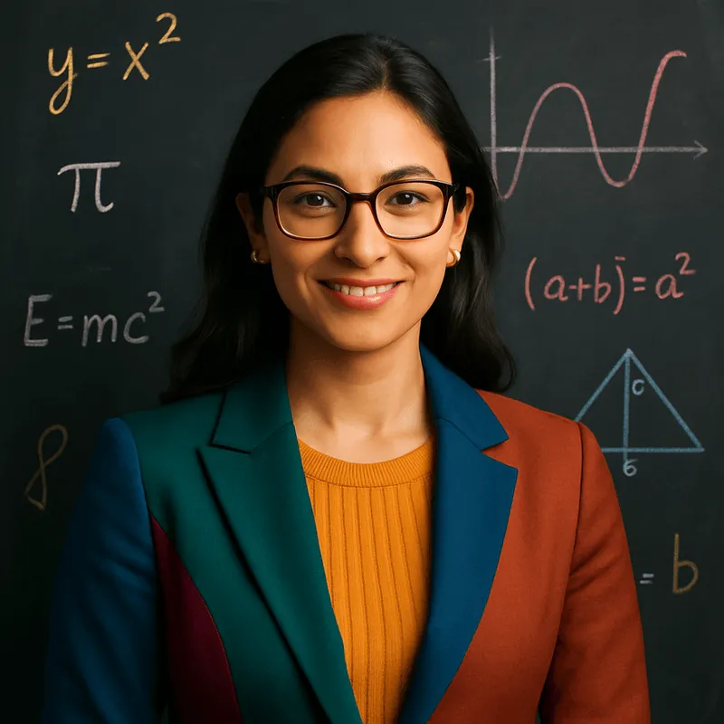Smiling female math teacher in glasses standing in front of a chalkboard with equations and graphs