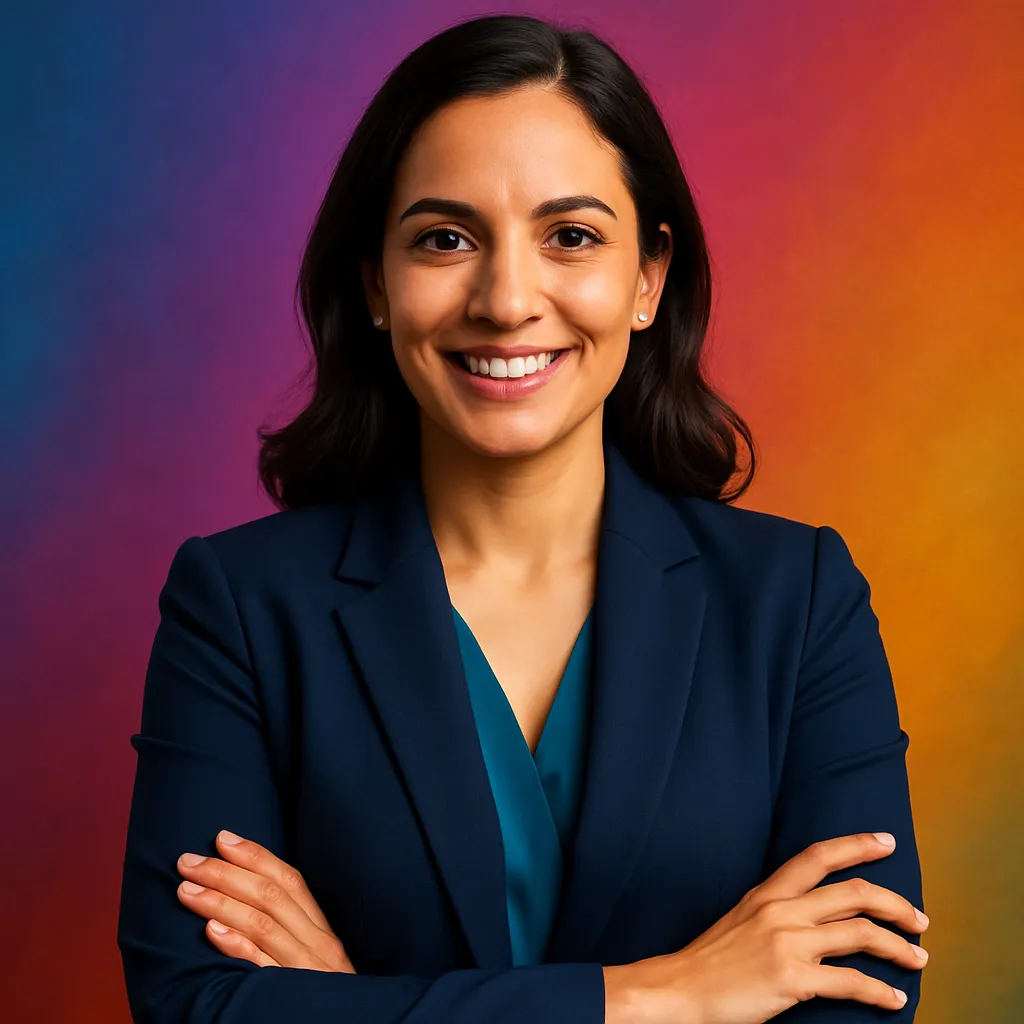 Confident businesswoman in a navy blazer smiling with arms crossed against a warm-toned backdrop.