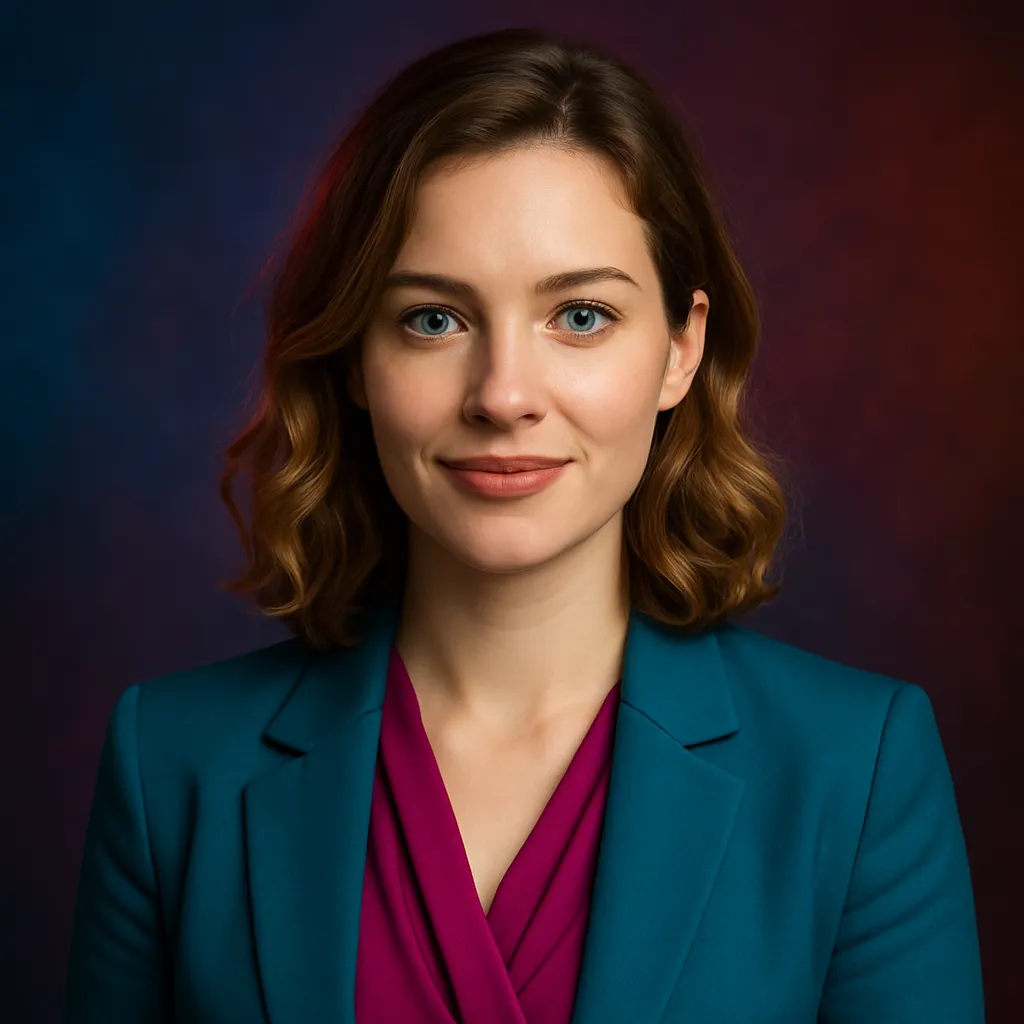 Professional woman in a colorful satin blouse holding a pen, posing confidently against a dark studio background.