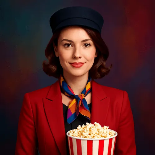 Woman in a blue blazer in front of a colorful film and media-themed background with popcorn and movie reels