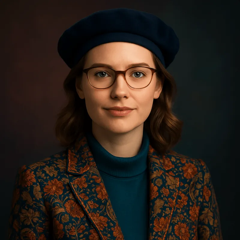 Portrait of a young women in a teal blazer and traditional t shirt against a dark gradient background.