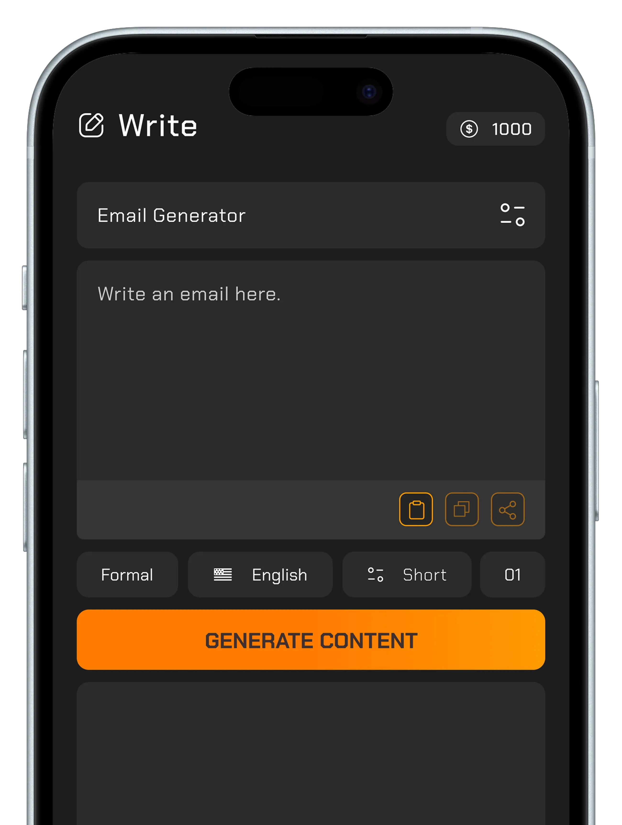 An email generator input screen with language, tone, and length toggles above the "Generate Content" button.