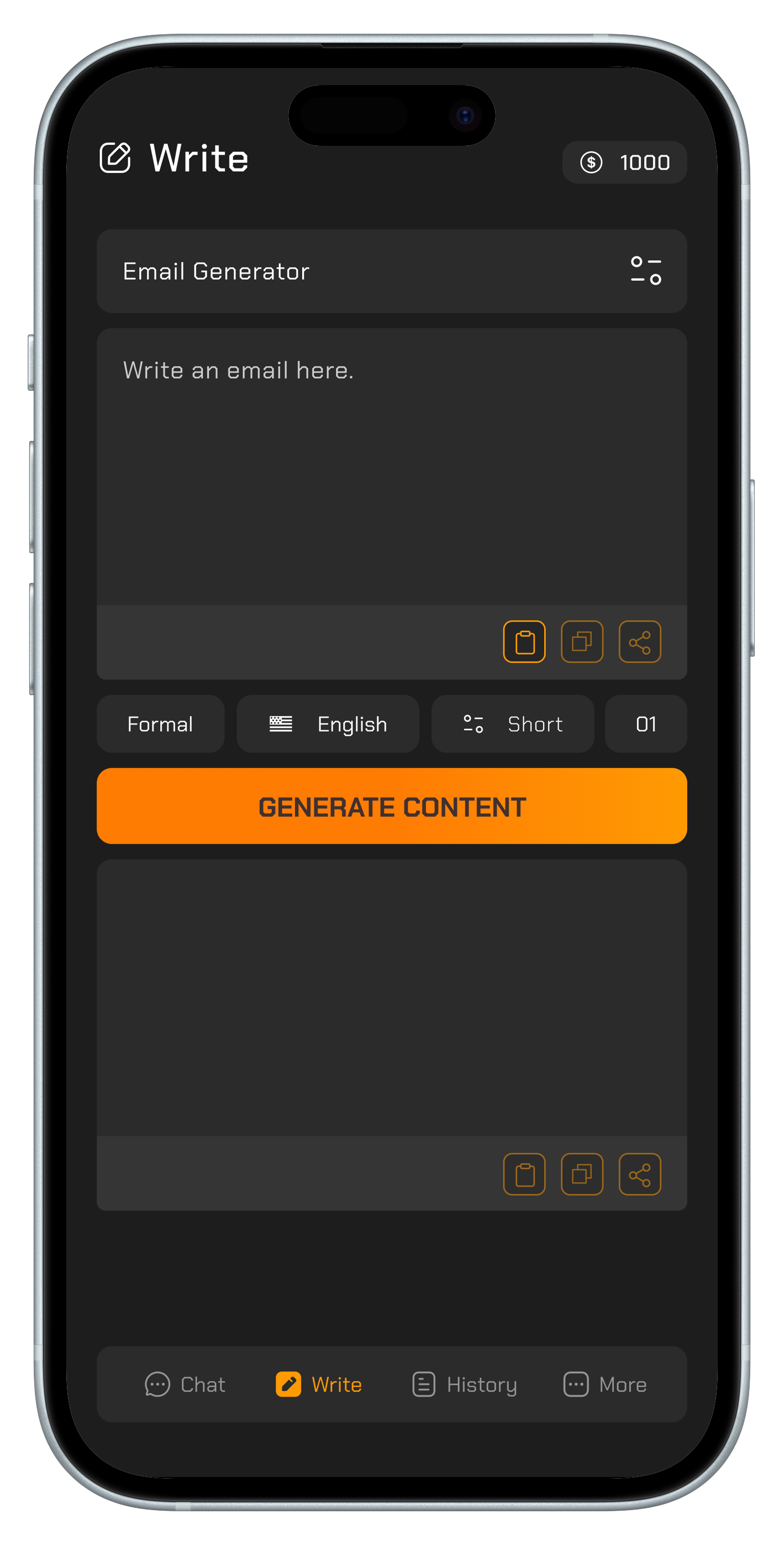 A blog intro text generator screen with input fields and an orange "Generate Content" button.

