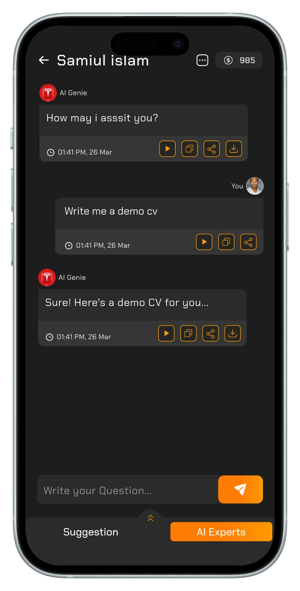 A chat interface labeled “Samui Islam” with a Q&A format and an input field at the bottom.