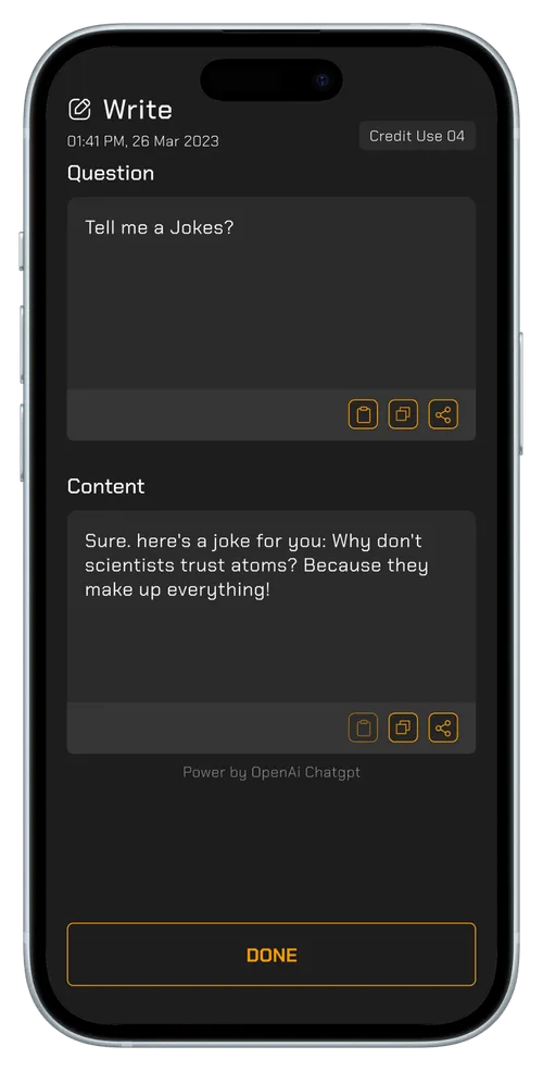 A question and content generation screen for Q&A tasks, with a “Done” button at the bottom.
