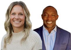 Three smiling people: a woman with long curly hair and glasses, a woman with blonde wavy hair in a light sweater, and a man in a blue suit and light shirt.