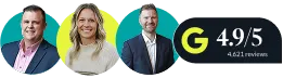 Three smiling professionals in circular frames next to a rating badge showing a 4.9 out of 5 rating from 4,621 Google reviews.