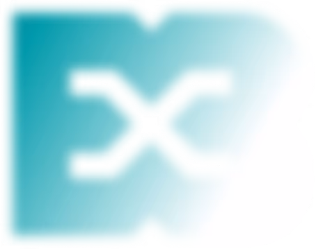 Abstract design of a black square center with four curved lines extending in an X shape, fading from teal on left to white on right.