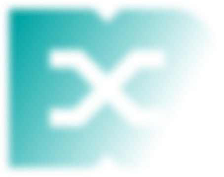 Abstract design of a black square center with four curved lines extending in an X shape, fading from teal on left to white on right.