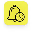 Notification bell icon with a clock overlay on a rounded yellow square background.