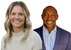 Smiling woman with wavy blonde hair in a cream sweater and man in dark blue suit with light blue shirt.