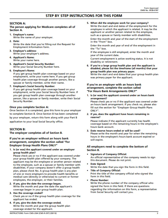 Form L564 step-by-step instructions for completion, divided into Section A for Medicare applicants to provide personal and employer details and Section B for employers to confirm group health plan coverage, hours bank arrangements, and signed certification details.