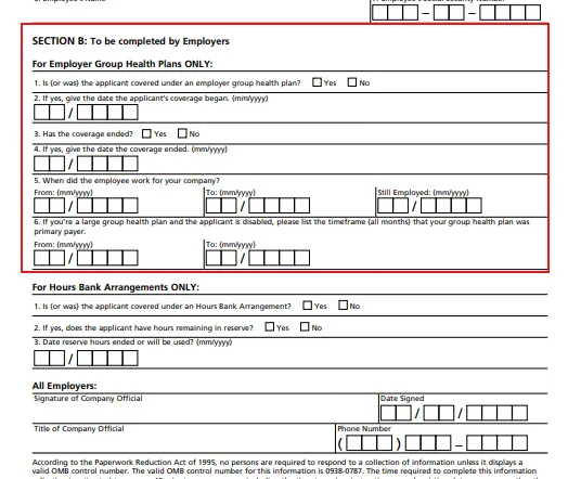 A form section titled 'SECTION B: To be completed by Employers' with fields for employer group health plans and hours bank arrangements, including checkboxes for Yes/No answers, date input boxes for coverage periods, employee work dates, and signature and date signed fields for company official.