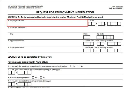 Request for Employment Information form from the Department of Health and Human Services for Medicare Part B enrollment showing sections for employer and applicant details, including fields for names, addresses, social security numbers, and employer group health plan coverage information.