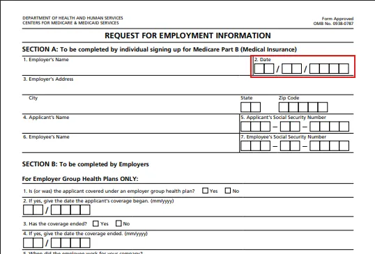 Form titled 'Request for Employment Information' from the Department of Health and Human Services Centers for Medicare & Medicaid Services, with sections for individual and employer to complete, including fields for employer's name and address, date, applicant and employee names, social security numbers, and employer group health plan coverage details.