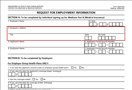 Request for Employment Information form from the Department of Health and Human Services for Medicare Part B enrollment, showing sections for employer and applicant details including fields for employer's name, address with city, state, and zip code, applicant's and employee's names and Social Security Numbers, and part of Section B for employer group health plan coverage questions.