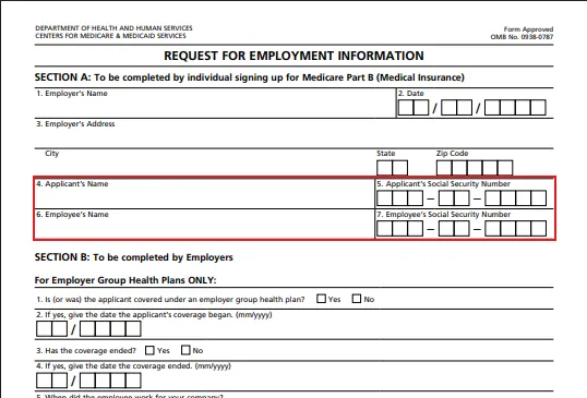 Medicare Part B Request for Employment Information form with sections for individual and employer to fill. Includes fields for employer's name, date, address, applicant's name and Social Security number, employee's name and Social Security number, and employer group health plan coverage questions.