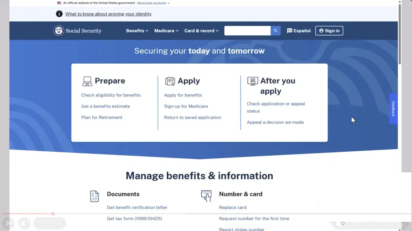 Social Security website interface with navigation bar including Benefits, Medicare, Card & record, a search bar, language option Español, and Sign in button. Main section titled 'Securing your today and tomorrow' with three columns: Prepare (check eligibility, get benefits estimate, plan for retirement), Apply (apply for benefits, sign up for Medicare, return to saved application), After you apply (check application status, appeal decisions). Below, a section titled 'Manage benefits & information' with subsections Documents and Number & card and related links.