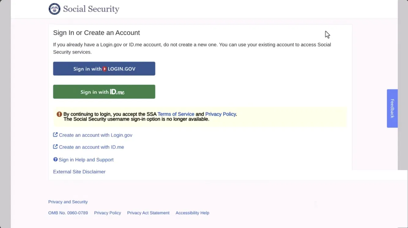 Social Security website page for signing in or creating an account, offering sign-in options with LOGIN.GOV or ID.me, a notice about accepting SSA terms of service and privacy policy, and links to create accounts and sign-in help.