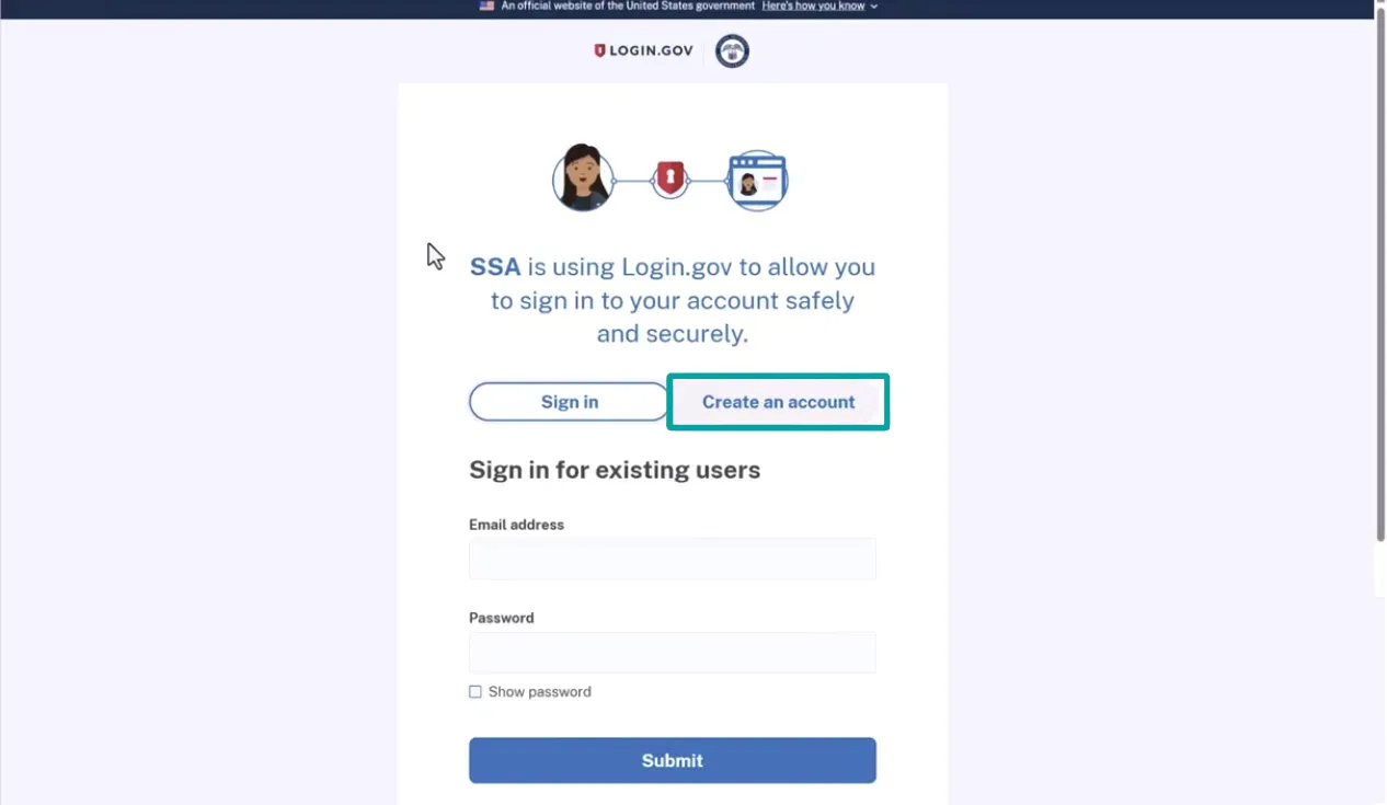 Login.gov page showing that SSA uses Login.gov to enable safe, secure sign-in. Two buttons labeled 'Sign in' and 'Create an account' appear above fields to sign in with email address and password, plus a submit button.