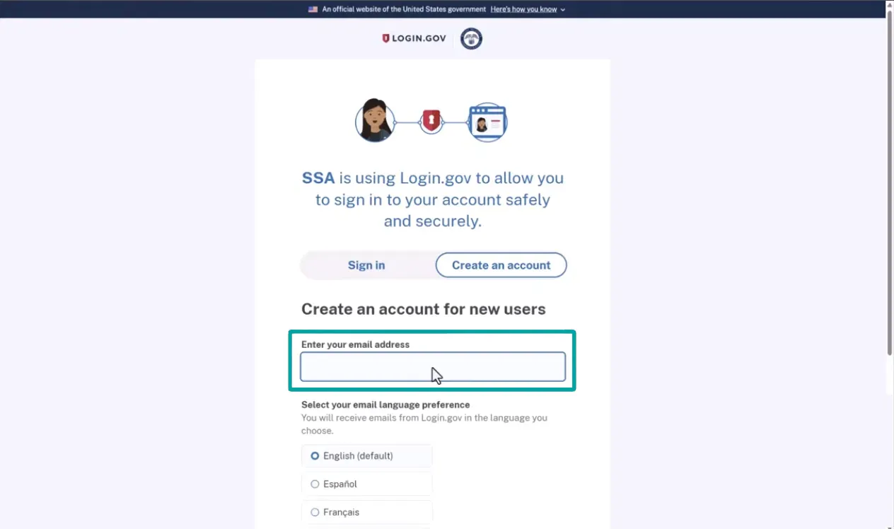Login.gov page showing option for SSA users to sign in or create a new account with a field to enter email address and select email language preference: English, Español, or Français.