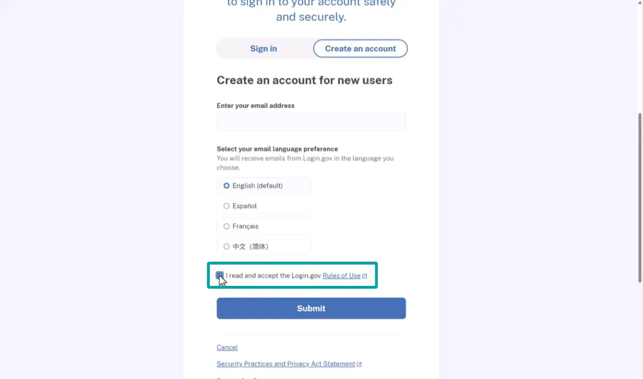 Account creation form for new users showing email entry field, email language preference options including English, Español, Français, and Simplified Chinese, a checkbox to accept Login.gov Rules of Use, and a blue Submit button below.