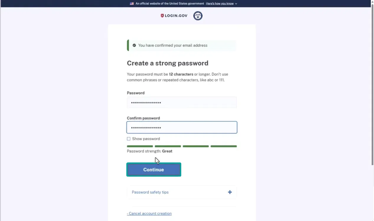 Login.gov webpage showing a password creation form with a confirmation message for email address verification, fields to enter and confirm a password, a password strength bar rated 'Great', and a blue 'Continue' button.