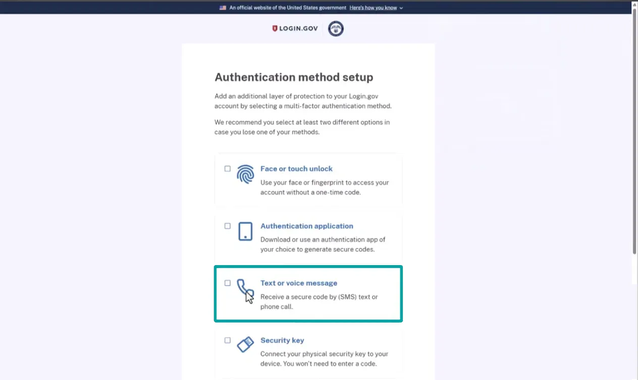 Login.gov Authentication method setup page showing options for multi-factor authentication: Face or touch unlock, Authentication application, Text or voice message (highlighted), and Security key, each with a brief description and icon.