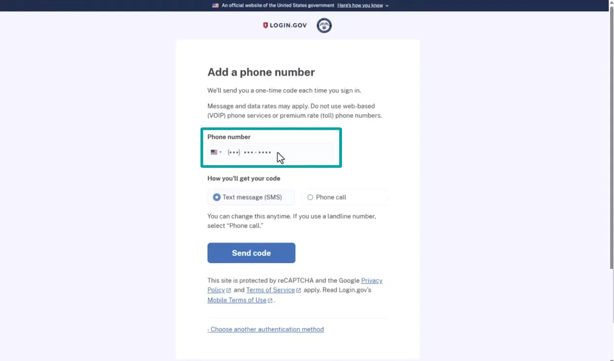 Login.gov page for adding a phone number to receive a one-time code for sign-in, with options to get the code by text message or phone call, and a Send code button.