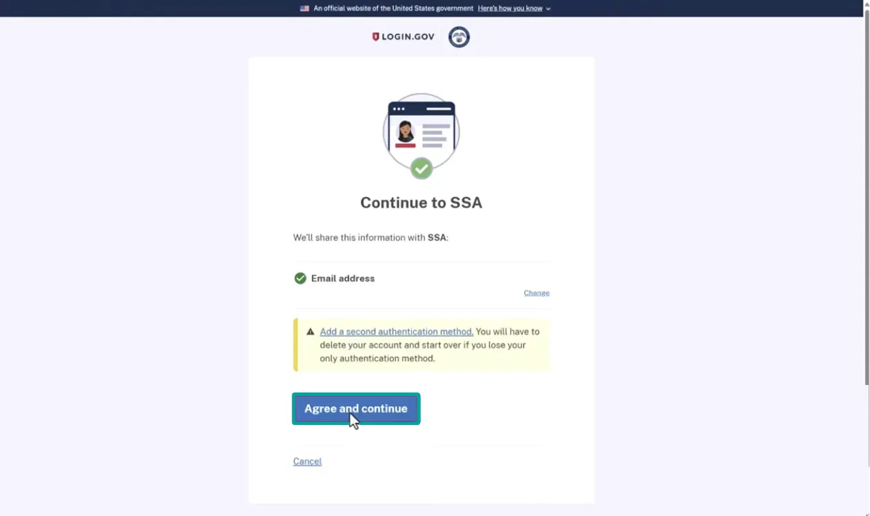 Login.gov page titled 'Continue to SSA' with a checkmark icon and user image illustration, showing that the email address will be shared with SSA. There is a warning to add a second authentication method to avoid losing access, and a blue button labeled 'Agree and continue' is highlighted.