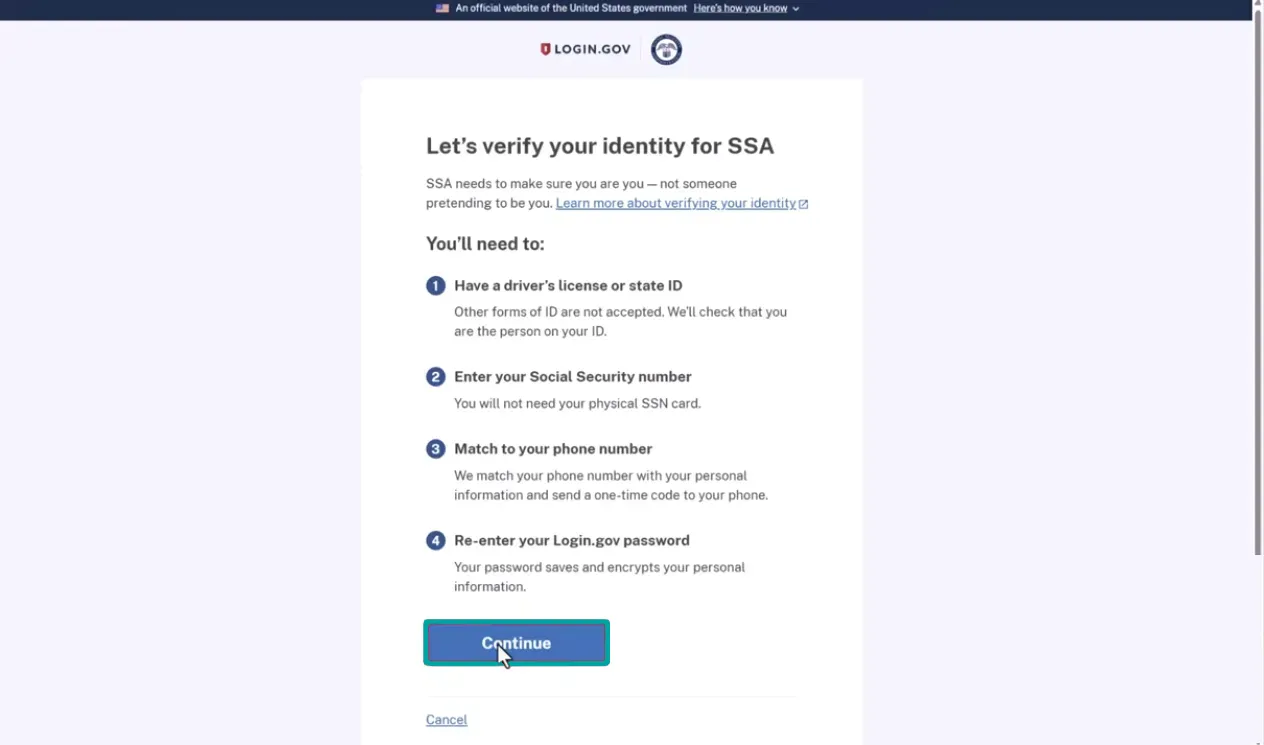 Login.gov webpage titled 'Let's verify your identity for SSA' with instructions to complete identity verification by having a driver’s license or state ID, entering your Social Security number, matching your phone number, and re-entering your Login.gov password, followed by a blue Continue button and a Cancel link below.