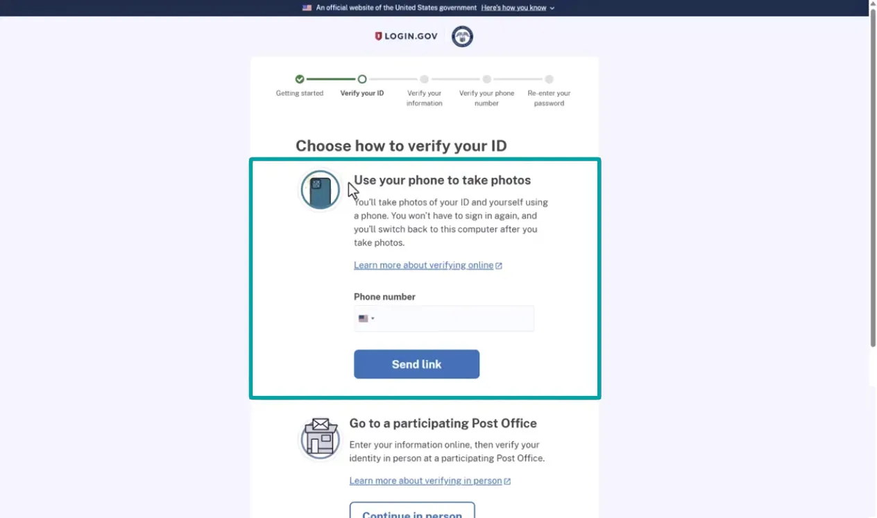 Screenshot of Login.gov verification step asking users to choose how to verify their ID with the current option to use a phone to take photos of ID and yourself, including a phone number input field and 'Send link' button, with progress indicators showing this is the 'Verify your ID' step.