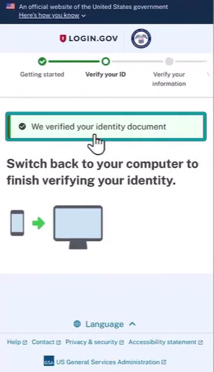 A Login.gov page showing identity verification progress with 'We verified your identity document' and instruction to switch back to computer to finish verifying identity, including icons of a phone and a computer.