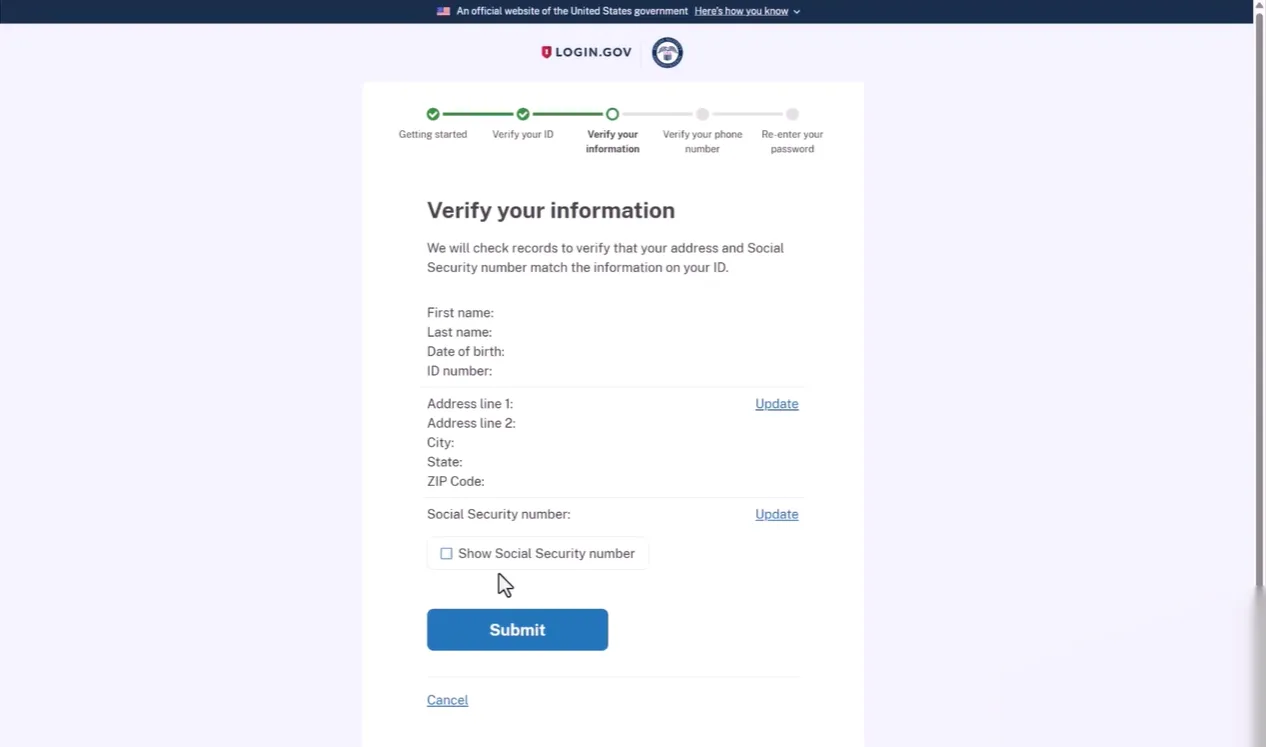 Login.gov webpage showing a verification form where users confirm their information including name, date of birth, ID number, address, and Social Security number, with options to update address and SSN details, a checkbox to show Social Security number, and buttons to submit or cancel.
