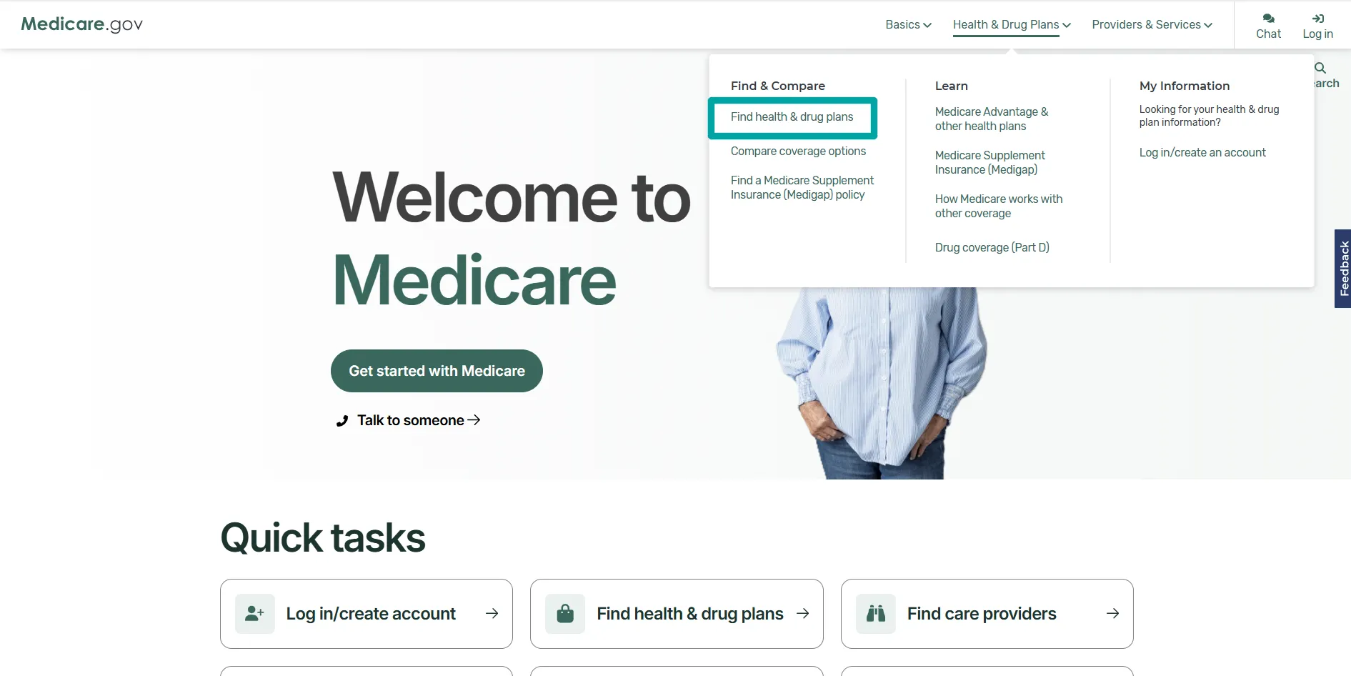 Medicare.gov homepage showing navigation menu under Health & Drug Plans with options to find health & drug plans, compare coverage, learn about Medicare Advantage, Medigap, and drug coverage, plus log in or create an account. Below is a welcome message and quick tasks including log in/create account, find health & drug plans, and find care providers.