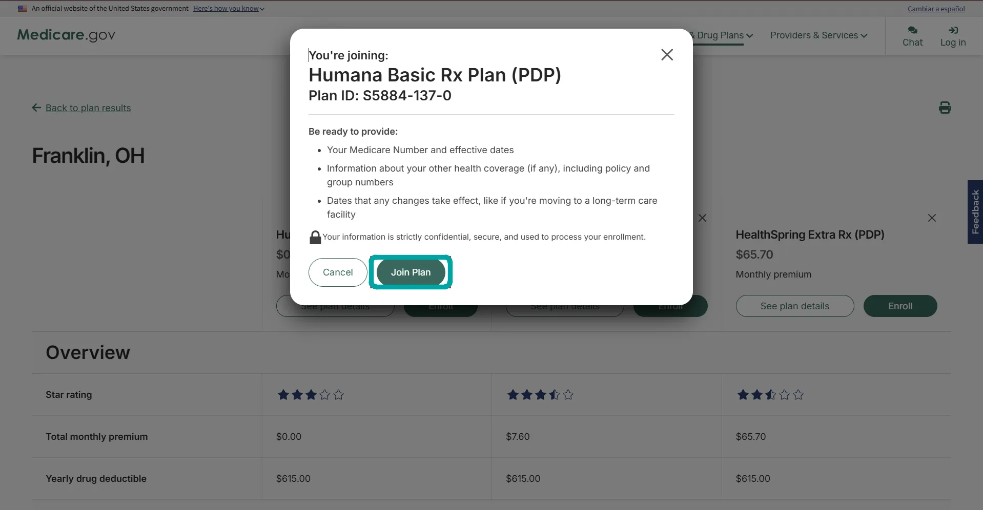 Popup window on Medicare.gov showing enrollment confirmation for Humana Basic Rx Plan (PDP) with Plan ID S5884-137-0, listing required information such as Medicare Number, other health coverage details, and effective dates, with Cancel and Join Plan buttons.
