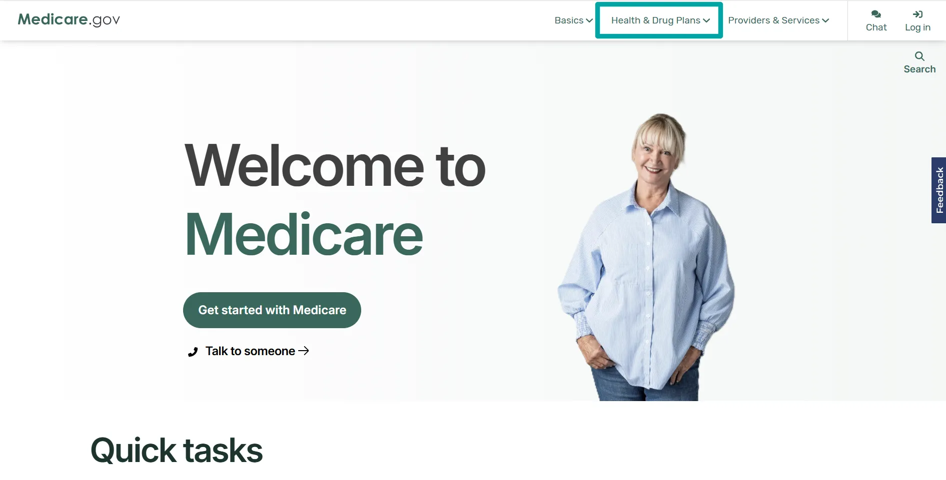 Website homepage header for Medicare.gov featuring a smiling older woman in a light blue blouse and jeans on the right, with text on the left saying 'Welcome to Medicare' and a green button labeled 'Get started with Medicare,' plus a link icon and text 'Talk to someone' below it.