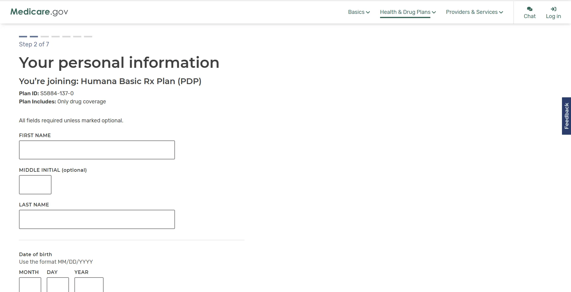 Medicare.gov enrollment form for Humana Basic Rx Plan (PDP), step 2 of 7, asking for personal information including first name, optional middle initial, last name, and date of birth with fields for month, day, and year.