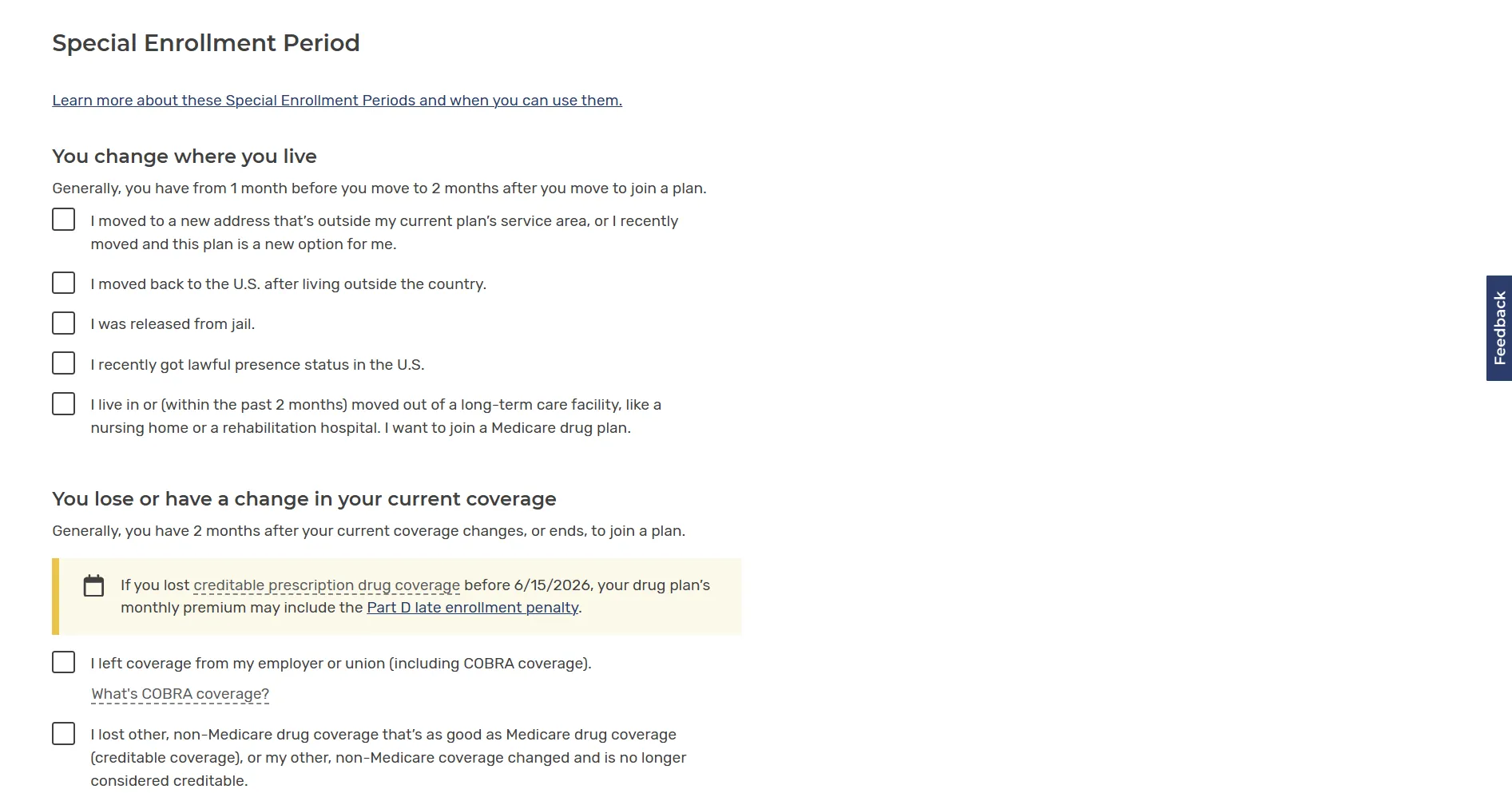 Text explaining Medicare Special Enrollment Periods with two sections: one about changing where you live listing five qualifying reasons with checkboxes, and one about losing or changing current coverage listing two qualifying reasons with checkboxes and a highlighted note about potential Part D late enrollment penalty if creditable prescription drug coverage was lost before 6/15/2026.