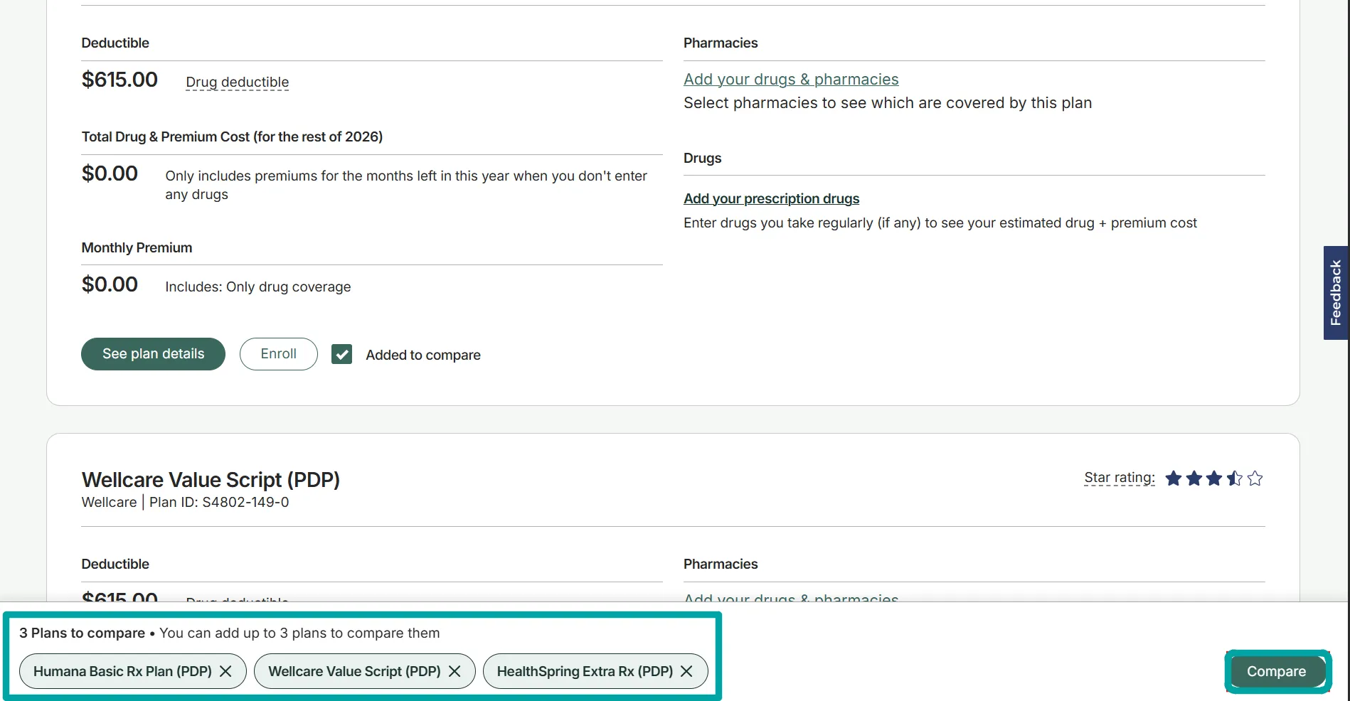 Comparison bar at the bottom of a webpage showing three selected Medicare Part D plans to compare: Humana Basic Rx Plan (PDP), Wellcare Value Script (PDP), and HealthSpring Extra Rx (PDP), with a 'Compare' button on the right.
