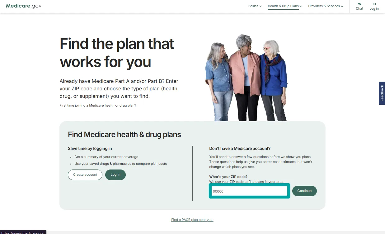 Medicare.gov webpage section titled 'Find the plan that works for you' with instructions to enter ZIP code for Medicare Part A and/or B users. Shows three smiling older women standing together to the right. Below is a box to find Medicare health and drug plans with login options and ZIP code entry field, including buttons for creating an account, logging in, and continuing.