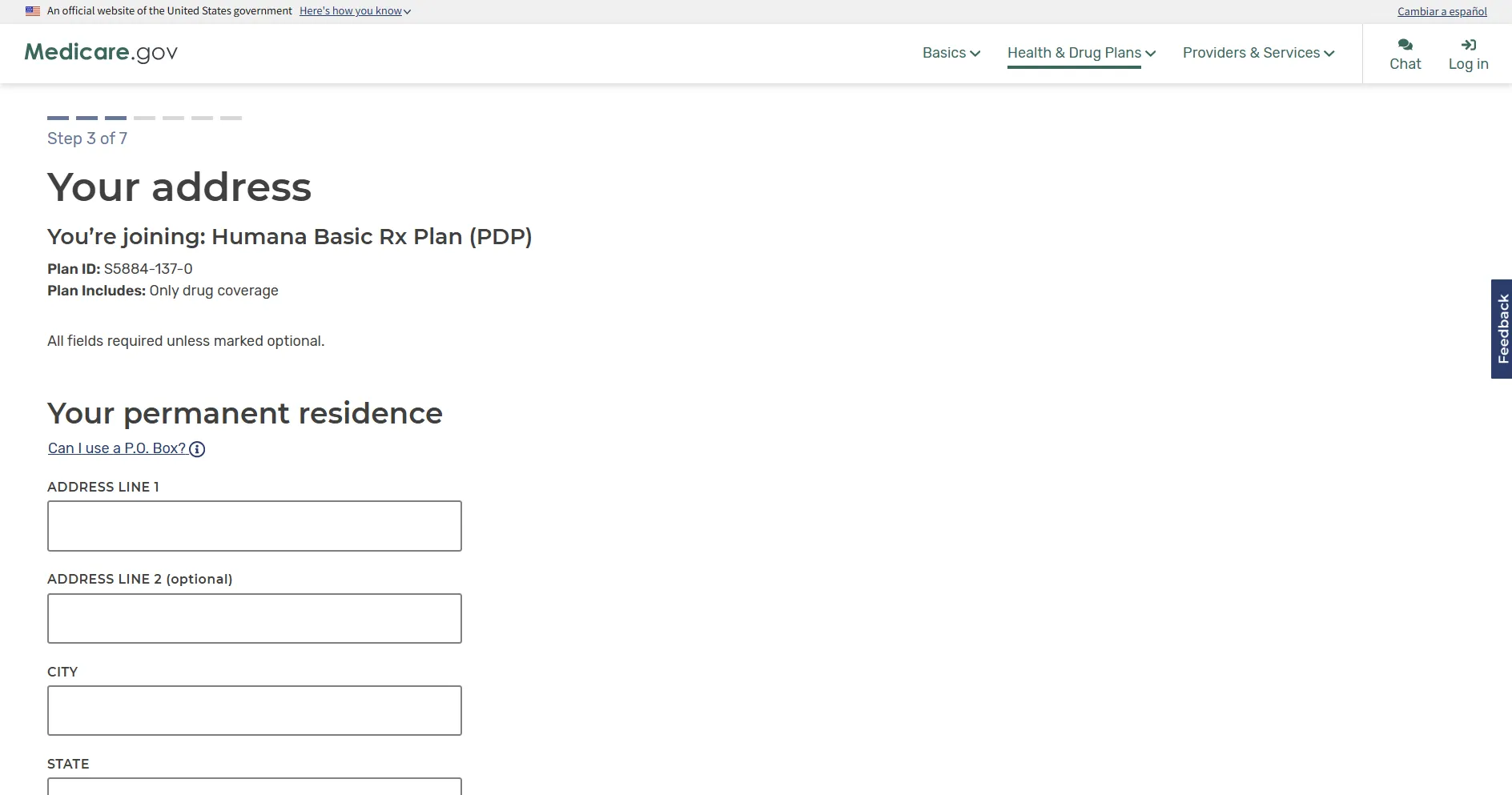 Medicare.gov enrollment page for Part D, Step 3 of 7, asking for your address to join Humana Basic Rx Plan (PDP) with Plan ID S5884-137-0. Form fields include address lines 1 and 2 (optional), city, and state, with a note that all fields are required unless optional.