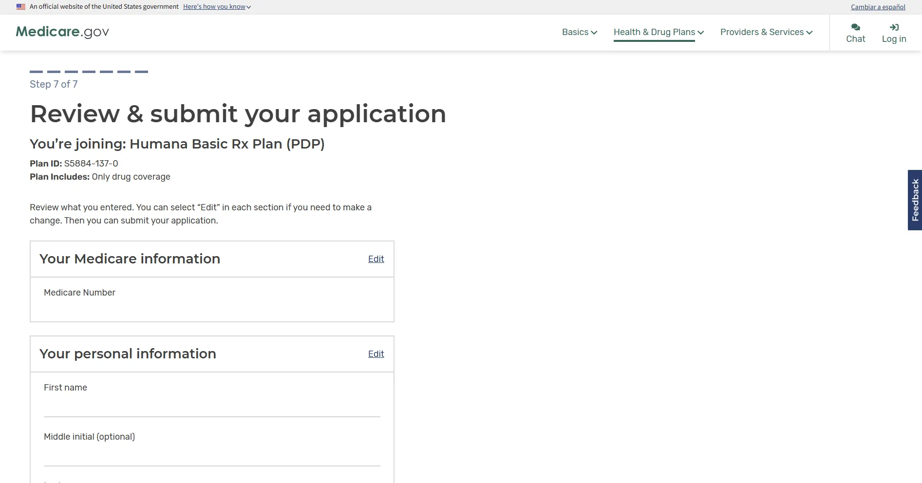 Medicare.gov webpage showing Step 7 of 7 for reviewing and submitting an application to join Humana Basic Rx Plan (PDP), including plan ID and coverage details, with sections for Medicare information and personal information such as first name and middle initial, and options to edit each section.