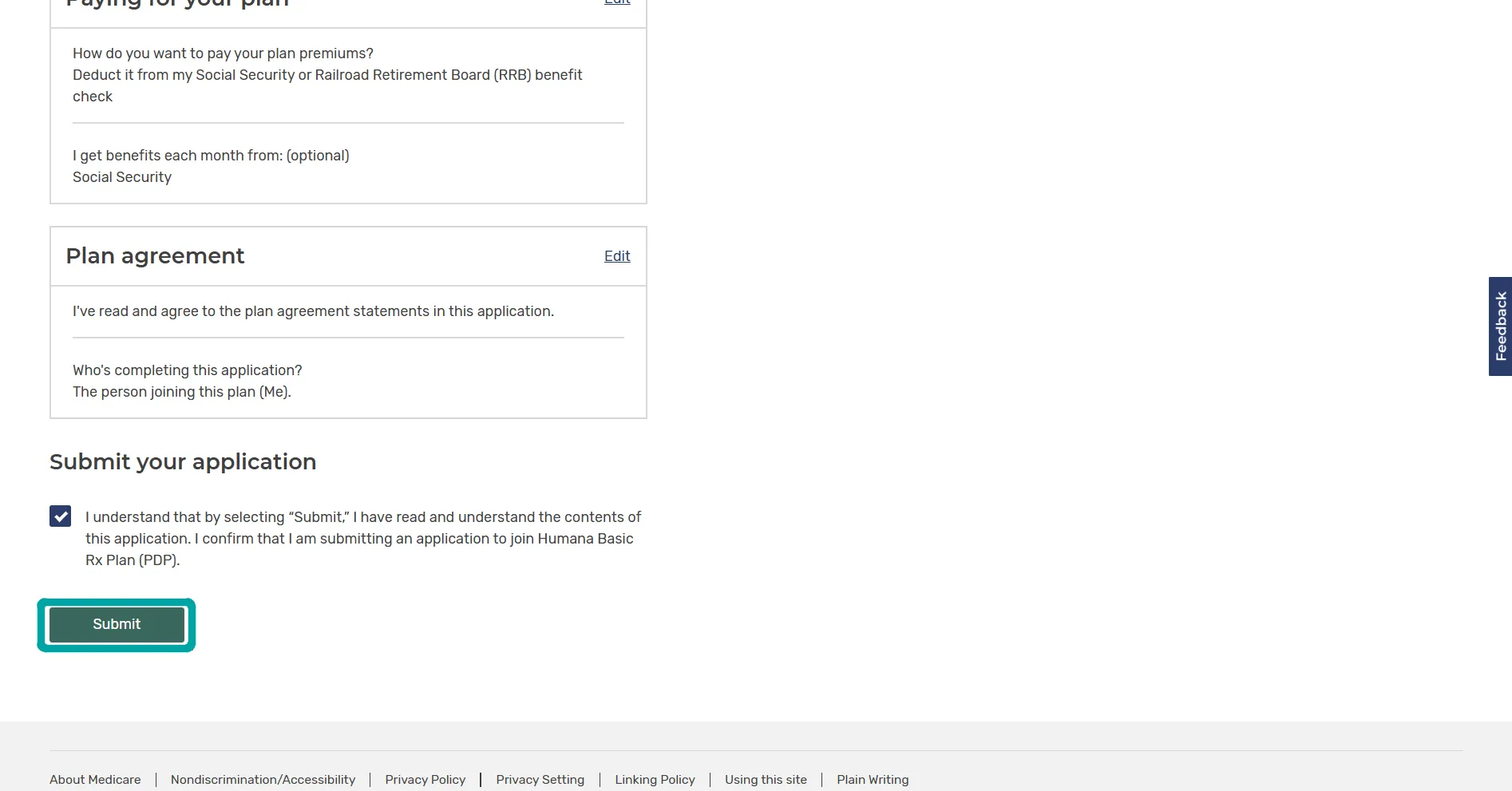 Webpage section showing options for paying plan premiums by deducting from Social Security or Railroad Retirement Board benefits, an agreement to plan terms by the applicant, and a checked acknowledgement confirming the submission of an application to join Humana Basic Rx Plan (PDP), with a green Submit button.