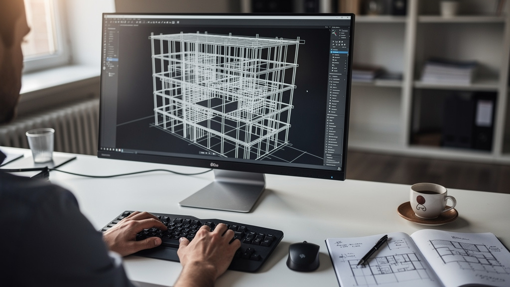 BIM coordinator analyzing detailed building model on workstation