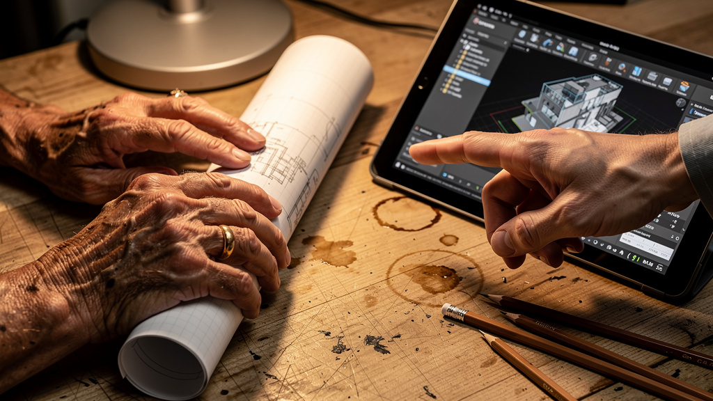 Senior and junior professionals sharing architectural knowledge