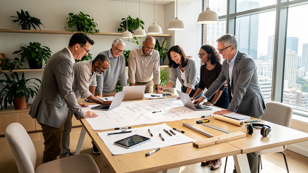 Diverse AEC team in collaborative modern workplace