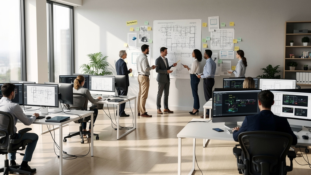 Engineering team collaboration in modern workplace environment